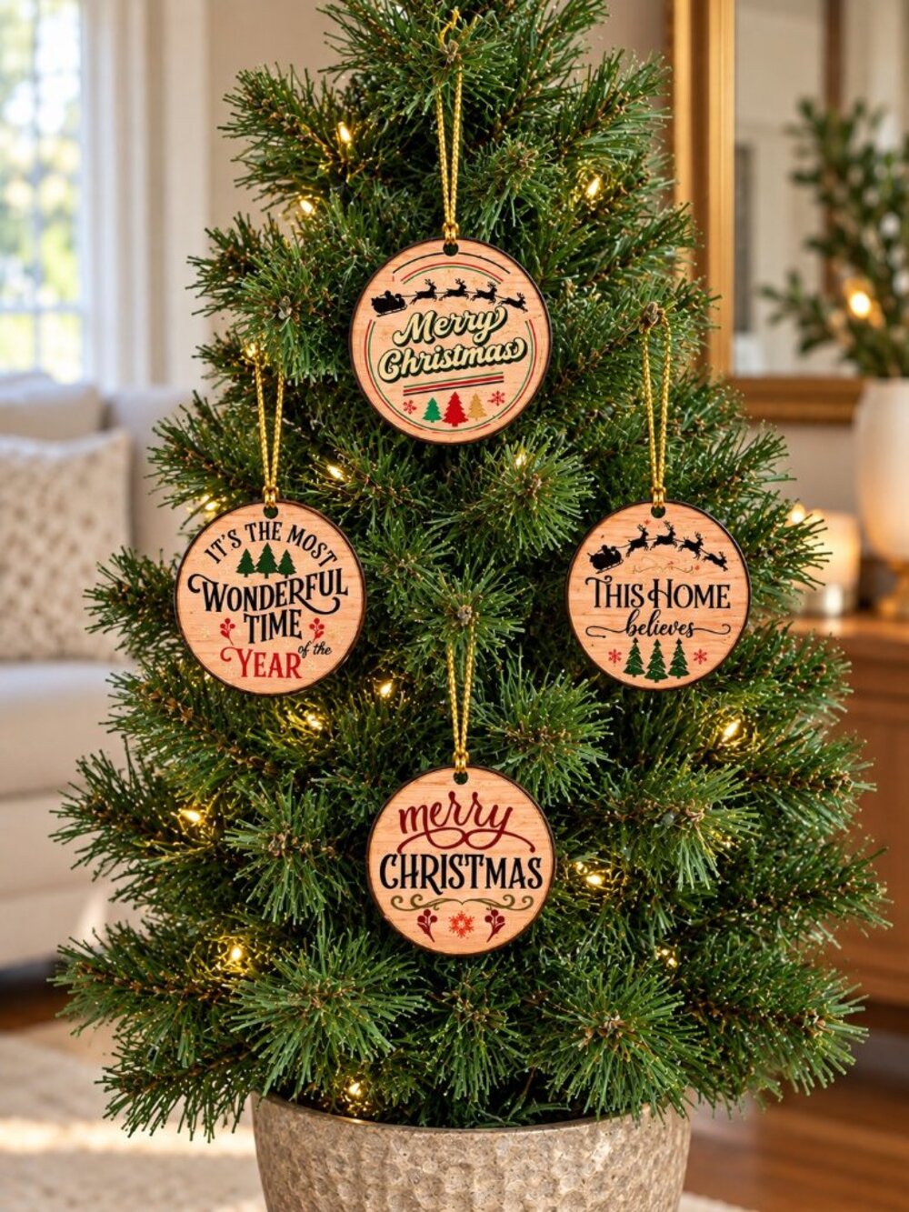 Set of 4 Rustic Wooden Christmas Ornament | Vintage Farmhouse Holiday Tree Deco